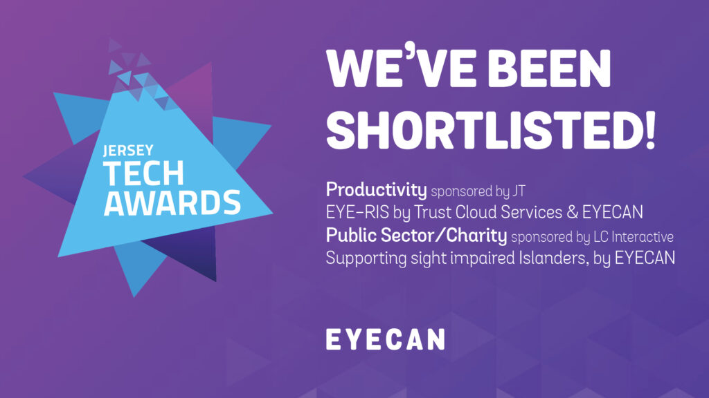 Image of the blue Jersey Tech Awards logo on a purple background, alongside details of the award that EYECAN has been shortlisted for