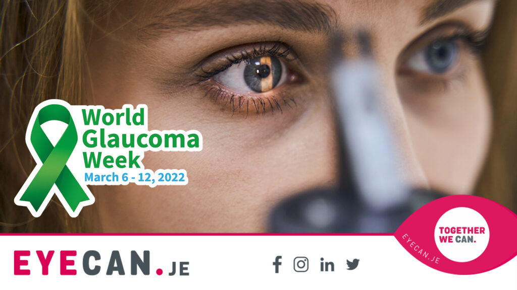 Close up image of a lady's face and eye, as she gets an eye check. The wording World Glaucoma Week and the green logo appears in the bottom corner of the image