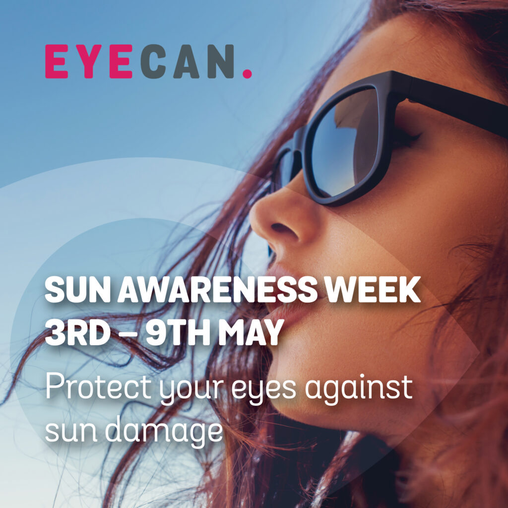 Image of woman's face. She is wearing sunglasses: The words Sun Awareness Week 2nd-8th May - protect your eyes against sun damage appear across the image