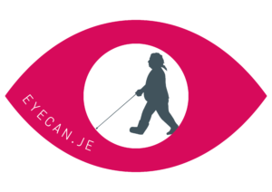Image shows the Walk in my Shoes logo. The logo is a red shaped eye with a white circle in the middle. A black silhouette of a man walking with a cane is in the centre of the circle.