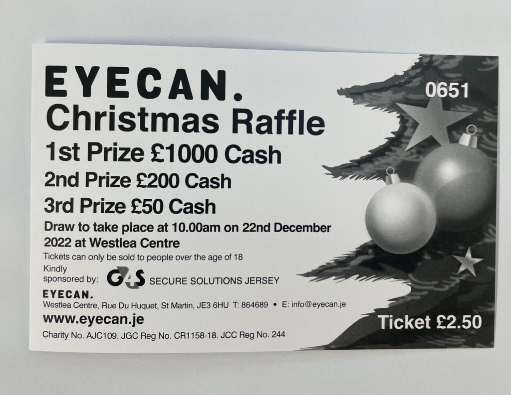 Image shows EYECAN raffle ticket showing prize amounts and details of the draw date.