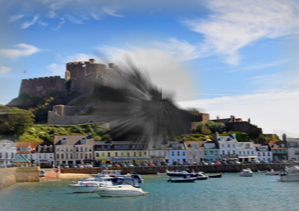 Image shows Gorey castle with distortion in the centre as if viewed with a sight impairment
