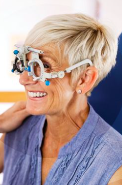 Image of a specialist fitting an optical trial lens frame on a smiling lady. The following words are written over the image: 12th October is World Sight Day